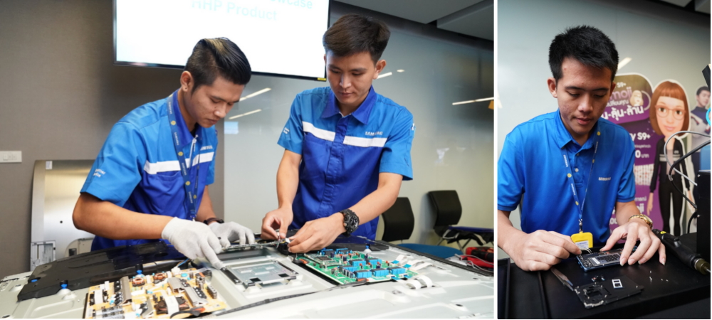 태국 학생들이 삼성 다이브 프로그램에 참여해 다양한 부품들을 살펴보고 있다.