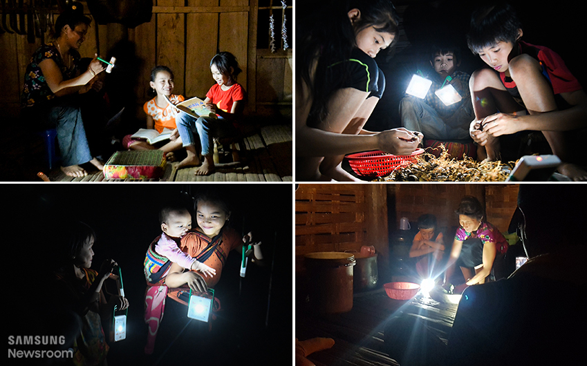 태양광 랜턴을 사용하고 있는 마을 사람들의 모습. 책을 읽고, 요리 재료를 준비하고 산택을 한다.