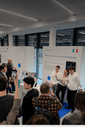 Beelieve team is taking a picture with Samsung mentor (Left to right Adilet Dauleti, Zhangerey Bekbulat, Berik Umarov - Samsung, Amirkhan Aidarkhan)